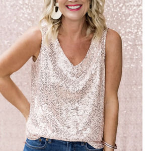 Gibson x Glam Squad V-neck Rose Gold Sequin Tank XL